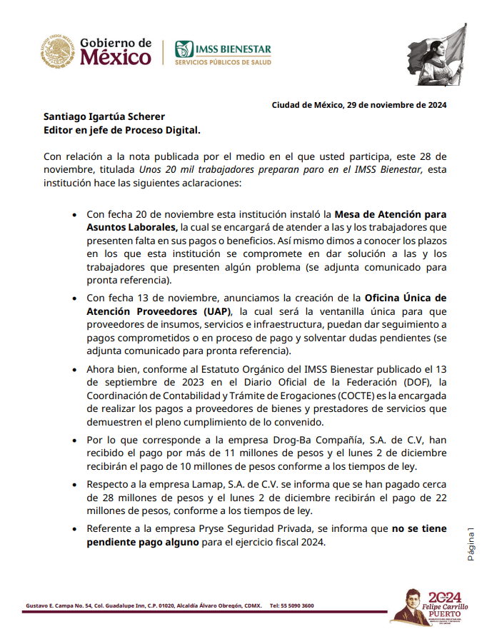 IMSS_Bienestar's tweet photo. 📌 Compartimos la siguiente NOTA ACLARATORIA, en relación a la publicación “Unos 20 mil trabajadores preparan paro en el IMSS Bienestar” difundida por la revista digital @Proceso. https://t.co/UUQkosI7xY