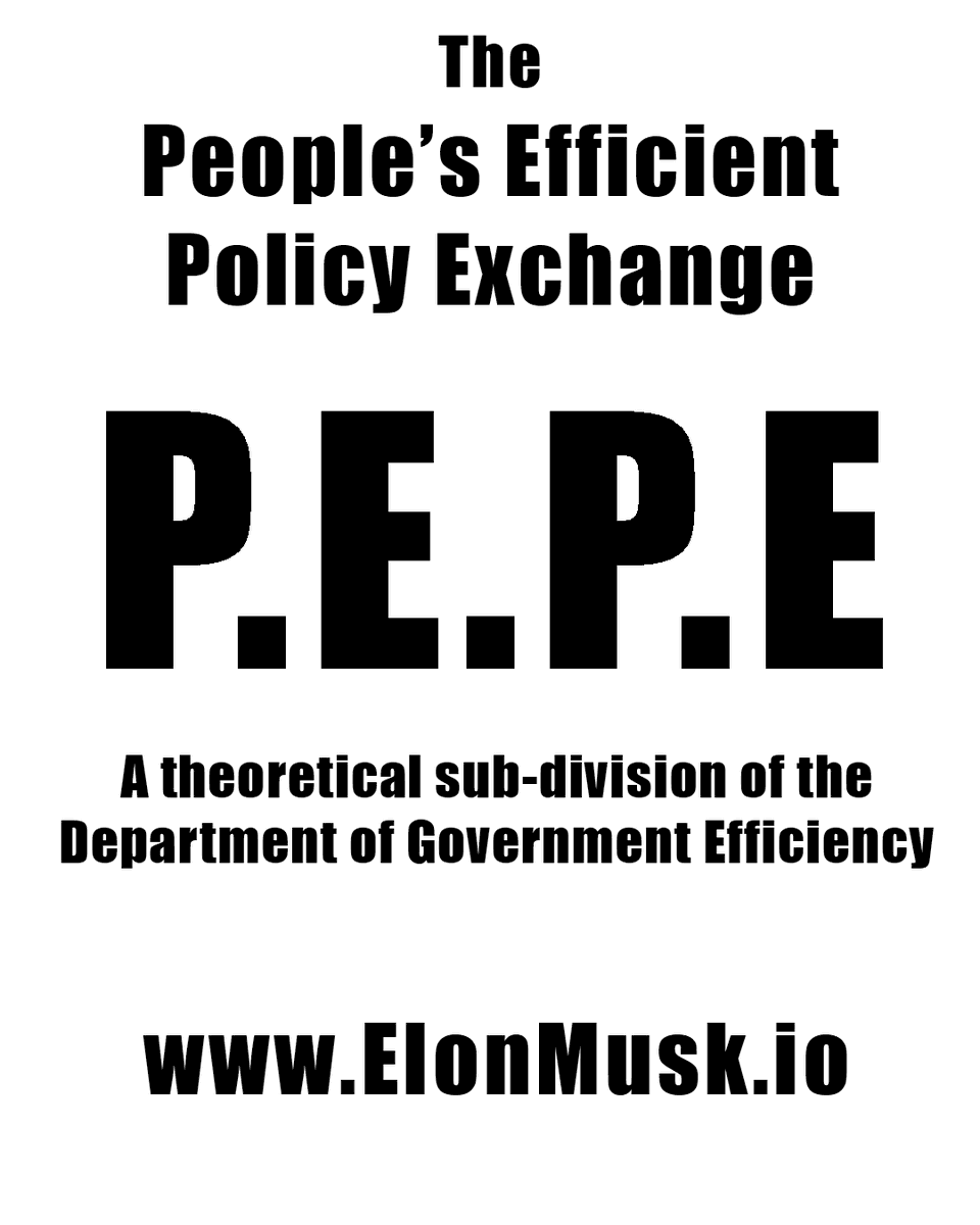 Jacob_Crypto_'s tweet photo. Ladies and gentlemen, I proudly present The People's Efficient Policy Exchange — P.E.P.E. — a theoretical subdivision of the Department of Government Efficiency (@DOGE), as detailed on the website https://t.co/QCDA3NFO7Z.

@ElonMusk has proven himself not only to be a visionary entrepreneur, but also an epic memelord.  With the creation of @DOGE, he's cemented his place as a pioneer in merging humor with innovation.  And as a staunch advocate for free speech—demonstrated by his monumental investment in this very social media platform—the concept of harnessing the people's voice to streamline government policy, while showcasing the sheer power of memes, could be nothing short of revolutionary.

It also would be FUNNY AF LOL.  WE THE PEOPLE have the power to turn this vision into reality by sharing this post far and wide—from Twitter to TikTok, from Instagram to the bowels of Reddit. Together, we truly can make this happen.

If you believe in this idea, consider this post your chance to sign a "petition." Reply: 

"P.E.P.E FOR THE PEOPLE"

to show your support. The more voices we gather, the greater the likelihood of achieving something incredible.

A gentle request: Please don’t spam Elon's personal account with this idea in the comments. That’s not the way to bring it to life.

Elon, if you happen to see this—thank you for your groundbreaking work, both in advancing humanity through technology and for your unparalleled contributions to meme culture. I humbly ask you to consider this proposal. It has the potential to be revolutionary, impactful, and, VERY FUCKING FUNNY.

Thank you 💚🐸