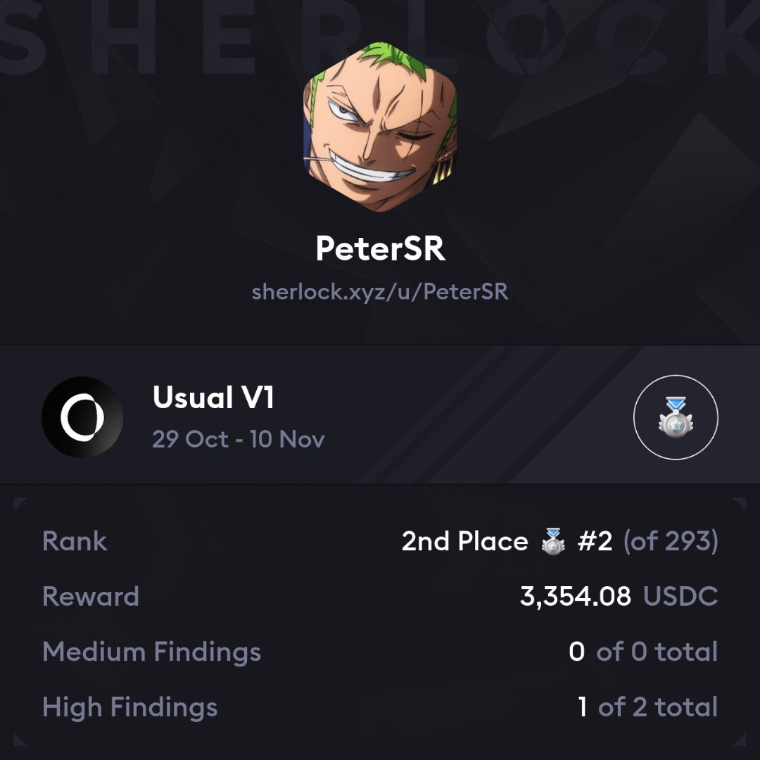 PeterSRWeb3's tweet image. Another day, another win! 🏆 

I’ve managed to find a High vulnerability in one of the biggest projects in the web3 space @usualmoney!

Thanks for the opportunity 🫡@sherlockdefi 

If you want me to secure your protocol, don’t hesitate to contact me! 🔥
