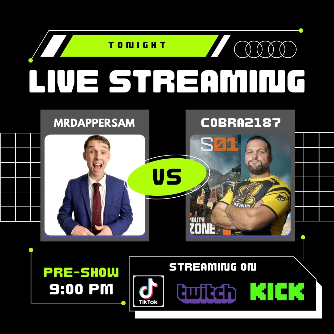 Cobra2187's tweet photo. Tune in tonight Pre-Show starting at 9PM Eastern Standard. MrDapperSam Vs Cobra2187 Kill Race on Warzone Best 2 out of 3 Matches. Streaming everywhere (Not On Netflix). @MrDapperSam 
https://t.co/4hpLaSMK8I OR https://t.co/yQ7dUjsbEt https://t.co/xQfKHjplaa