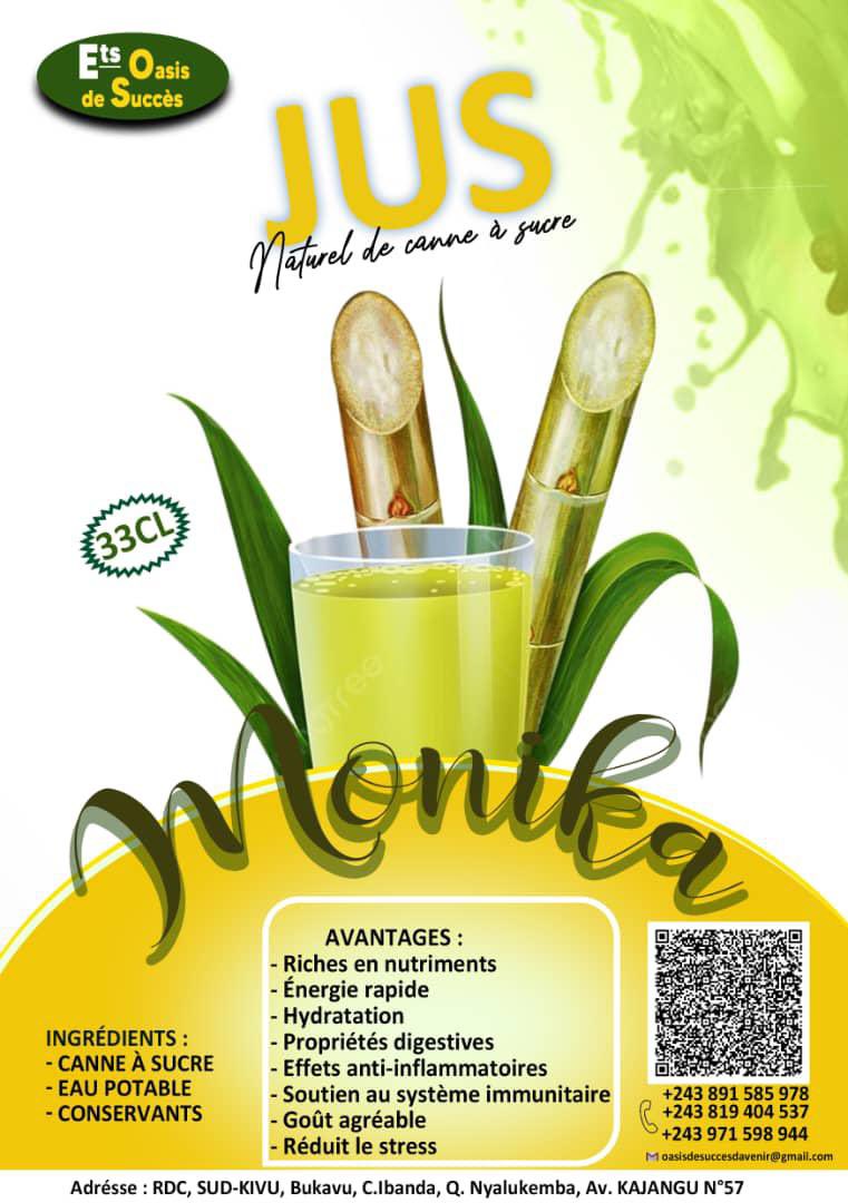 BenjaminKazaba1's tweet photo. Nous produisons du jus NATUREL de canne à sucre avec et sans gingembre mais aussi du bon vin de canne à sucre avec leurs nombreux avantages. Merci pour le soutien 🙏 @leParrainRDC @JKanyoni @TheoKASI #lesommet #Entrepreneur #RDCongo
📞 891585978
✉️oasisdesuccesdavenir@gmail.com https://t.co/UimUYzE1u6