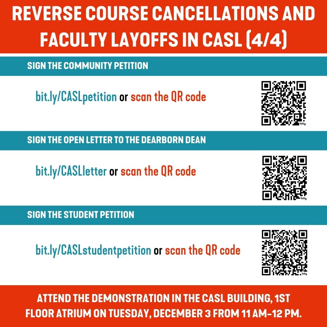 Urgent! Demonstration Tuesday against course cancellations &amp; faculty layoffs, 11-12 at UM-Dearborn!
Register at bit.ly/CASLcuts

Sign:
Community Petition: bit.ly/CASLpetition
Open Letter to the dean: bit.ly/CASLletter
Student Petition: bit.ly/CASLstudentpet…