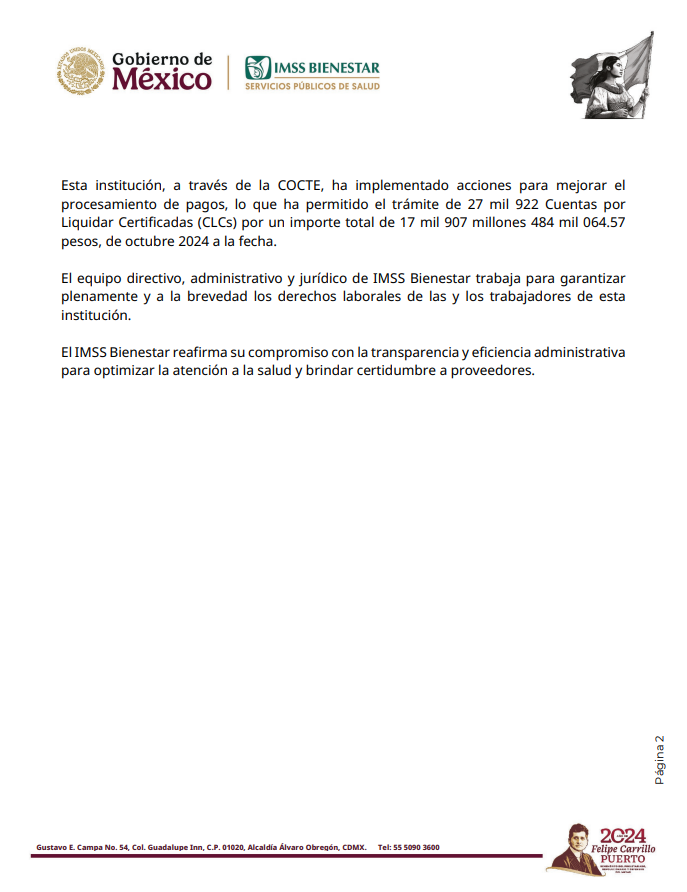 IMSS_Bienestar's tweet photo. 📌 Compartimos la siguiente NOTA ACLARATORIA, en relación a la publicación “Unos 20 mil trabajadores preparan paro en el IMSS Bienestar” difundida por la revista digital @Proceso. https://t.co/UUQkosI7xY