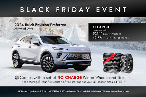 2024 Buick Clearout Event! Get into a new ride and drive away with a set of NO-CHARGE winter wheels and tires! Plus, enjoy FREE tire storage for the first season. Don’t miss out—your perfect winter-ready Buick is waiting!