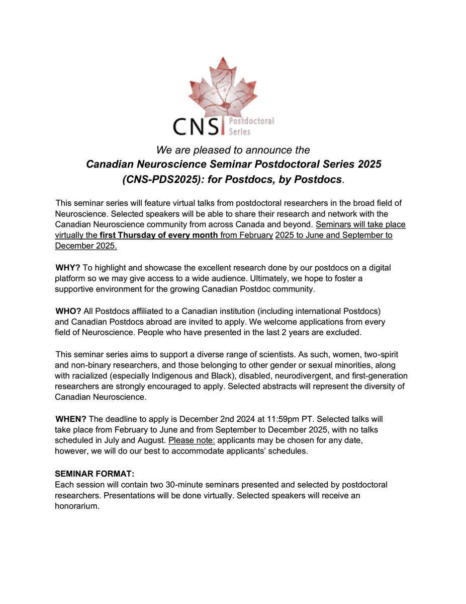 Do you have some exciting results that you would like to share? Hurry up! Our call for speakers for 2025 seminars ends in three days. #Neuroscience #Canada #postdoc 
Apply here: docs.google.com/forms/d/e/1FAI…

Questions? Contact seminars@can-acn.org
<a href="/CAN_ACN/">CAN ACN</a>