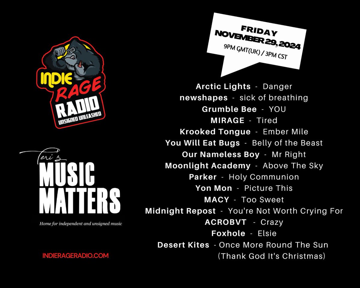 MusicMatters_T's tweet photo. Today 9pmUK 3pmCST everywhere 
Tune into @IndieRageRadio #MusicMatters 
🔊https://t.co/DZwFGPm67e 
Listen to fantastic new music from @ArcticLightsC #newshapes @GrumbleBeeUK #Mirage @krooked_tongue #YouWillEatBugs @ournamelessboy +more Info:https://t.co/fpiQuGpfk3
#NewMusicAlert https://t.co/wU2TqmKqMK