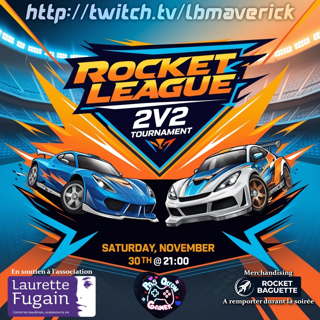 Avis à la commu FR:
TOURNOI RL 2V2 #RLFR
Samedi 30/11 21h00, durant l'événement caritatif #PQG qui soutient <a href="/AssoALF/">Association Laurette Fugain</a> 
Pas de cashprize, mais des surprises durant la soirée, grâce à <a href="/RocketBaguette/">Rocket Baguette</a> ! 
Inscriptions ici: start.gg/admin/tourname…  #RLCS #rl #tournoi #charity