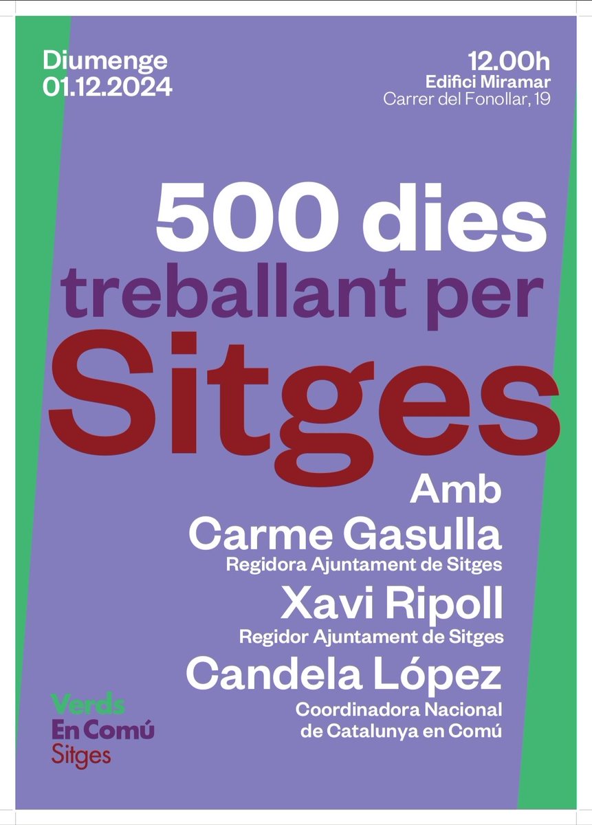 📢 Més de 500 dies treballant per Sitges!
Aquest Diumenge t'esperem, perquè entenem que hem de poder donar constància a la ciutadania sobre què fem a l’Ajuntament en diferents moments, i no únicament quan arriben les eleccions municipals. 
📍Miramar
📅 1/12/2024
⏰ 12h