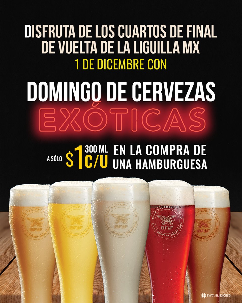 ¡No te pierdas los Cuartos de Final de Vuelta de la Liga MX en Beer Factory! Disfruta de una experiencia deportiva completa con pantallas gigantes, sonido High Quality, y PROMOCIONES DIARIAS ⚽️🍻.

#Fútbol #Football #LigaMx #SportBar #Cerveceros #Cerveza #Beer