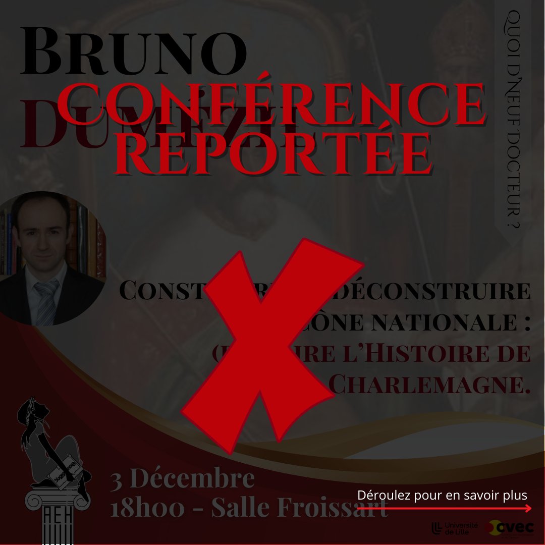 AehLille's tweet photo. !!! REPORT !!!
La conférence de M. Dumézil, prévue ce 03/12 est reportée suite au mouvement de protestation face à la baisse du #budget2025 prévu pour les #UniversitesEnDanger. Avec de pareilles coupes, qui sait si nous pourrons toujours organiser de tels évènements à l'avenir ! https://t.co/Tl9GneDduY