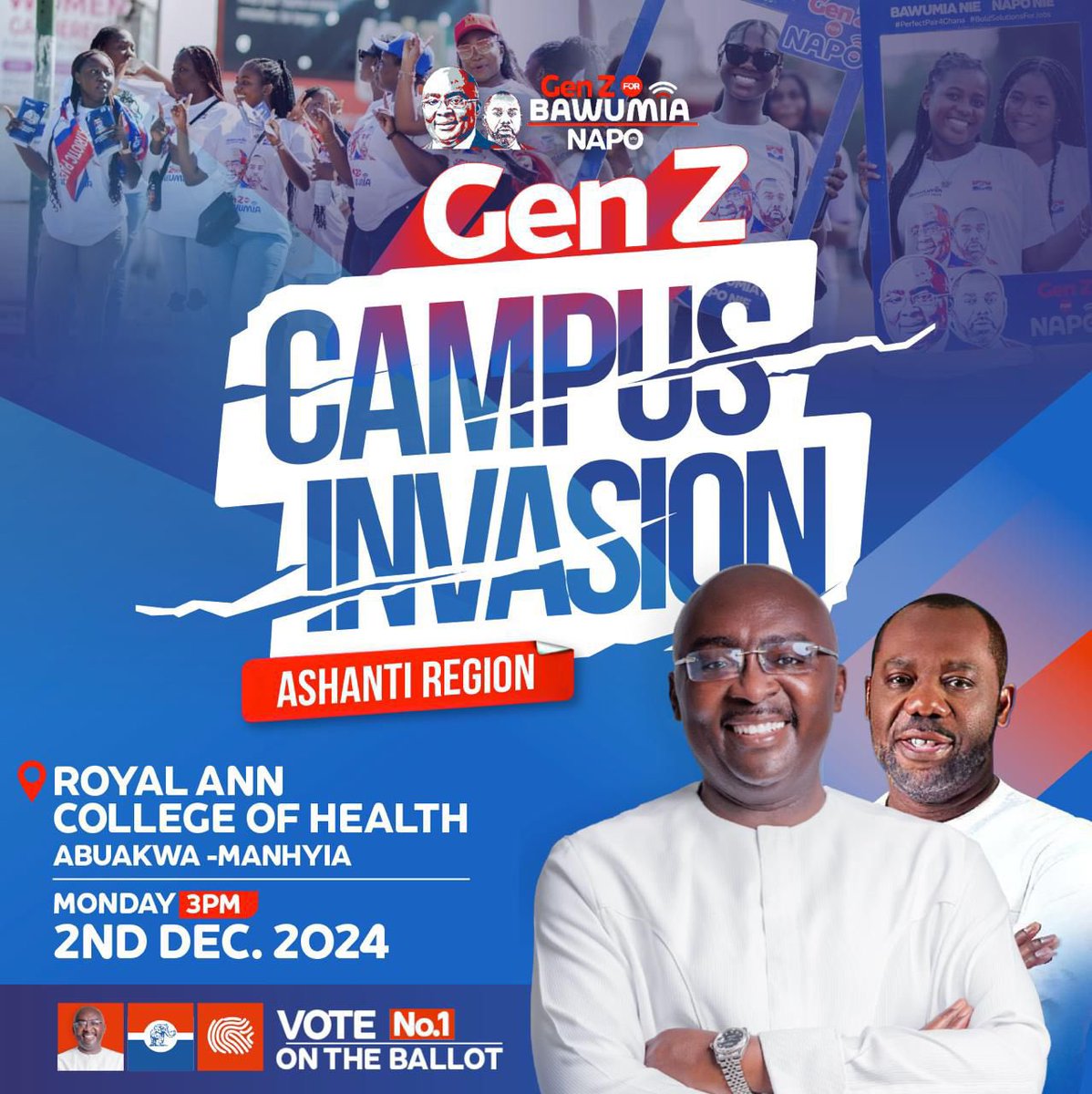 ayesuasiamah's tweet image. 𝙂𝙀𝙉 𝙕, the countdown is ON! 🚨 

The CAMPUS/STREET INVASION is coming to the Ashanti Region this Monday, Dec. 2, 2024🔥🔥

We Start from: 
    🎯Royal Ann College of Health, Abuakwa-Manhyia

It’s time to ignite progress! 💥💪 #GenZVotes #BawumiaForPresident #ItIsPossible