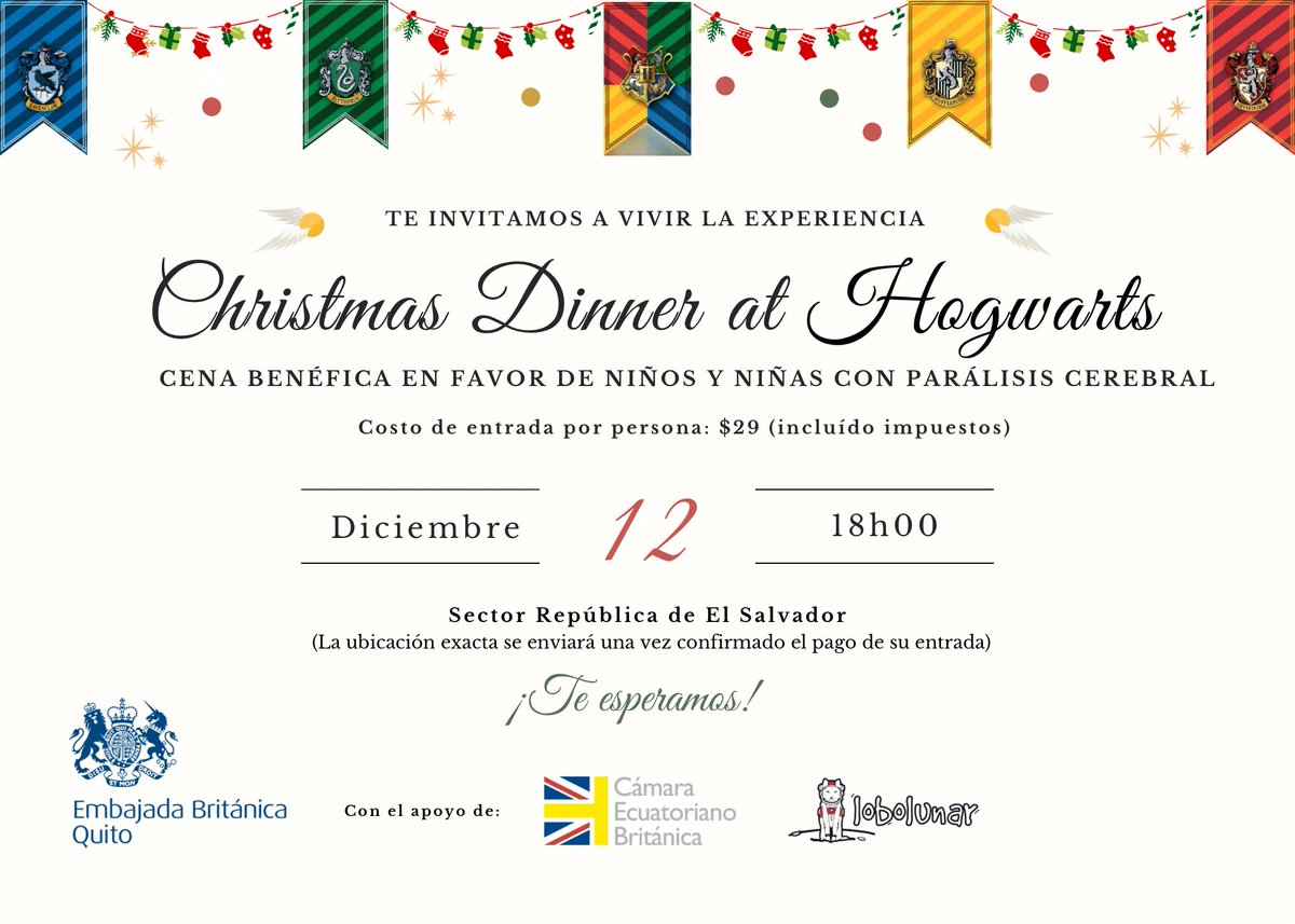UKinEcuador's tweet photo. ✨Una experiencia única✨
Te invitamos a participar de nuestra cena benéfica “Christmas 🎄 at Hogwarts”
¿Fan de #HarryPotter? No puedes faltar 
El costo de la entrada es de $29 incluido impuestos y puedes registrarte aquí ⤵️
https://t.co/zjFgGAYWl9
➡️ Los fondos recaudados serán donados a niños y niñas con parálisis cerebral.