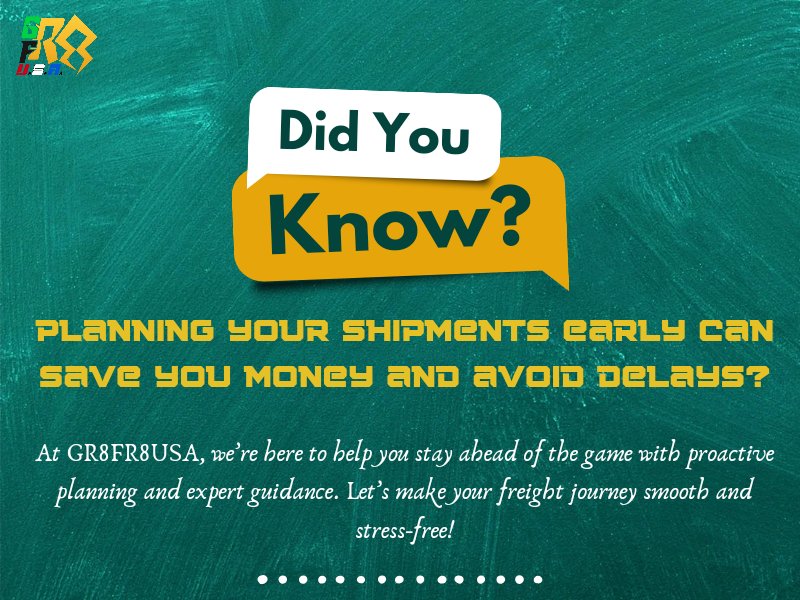 Gr8Fr8USA's tweet photo. Why rush when you can crush… Shipping delays? Plan early with GR8FR8USA and save big bucks while staying stress-free! 
Let’s turn freight chaos into freight fabulous experience! 

 #Gr8Fr8USA #Logistics #Freight #shipping #AI #FreightYouCanCountOn #NoDramaShipping https://t.co/tF9rY4NkYQ