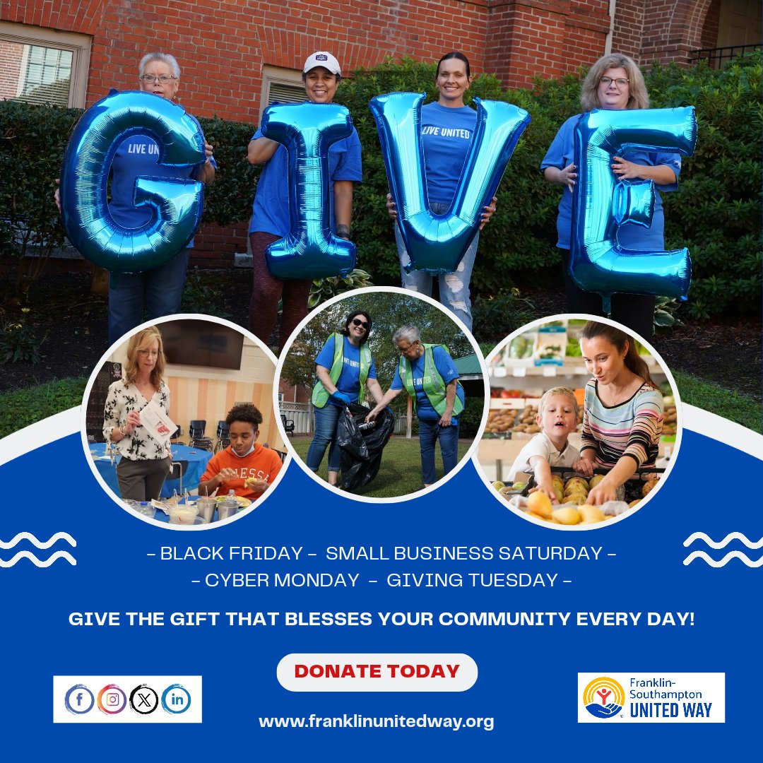 fsaunitedway's tweet photo. Black Friday, Small Business Saturday, Cyber Monday, Giving Tuesday. Tis the season for giving! 

You don't need a special day to give to a good cause. Give the gift that gives the whole year long!

https://t.co/vzPho6slNK https://t.co/MT0kgocMqy