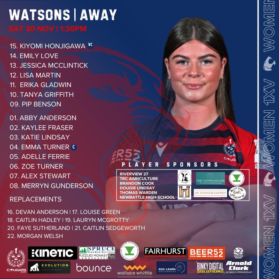 Cougars_wrfc's tweet photo. Your 1XV line up to face @watsonianwomensrugby tomorrow, 1:30pm kickoff at Myreside! Always such a exciting and intense game against this side Link to purchase tickets for supporters https://t.co/DCY9RxVb9z #corstorphinecougarswomen #womensrugby #rednblue❤️💙 https://t.co/reiwmFeei3