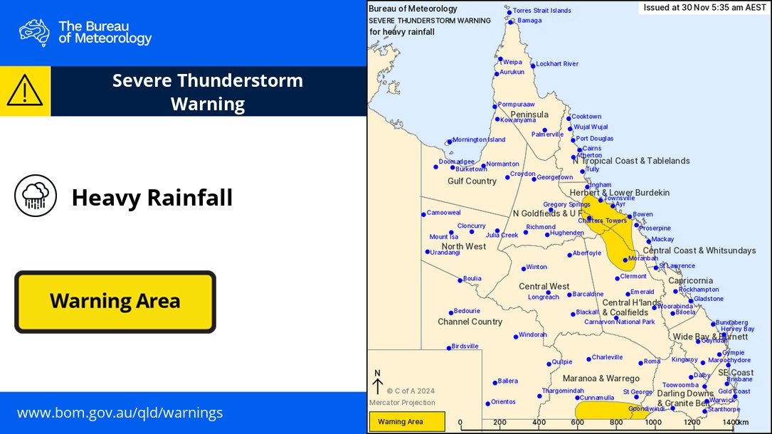 BOM_Qld's tweet image. ⚠️⛈️Warning for severe thunderstorms with heavy rainfall continue into the morning over the #Townsville coast and inland parts. Locations which may be affected include #ChartersTowers #Bowen #Townsville #Moranbah #Collinsville #Ayr. Warning details ow.ly/5pq550UigZl