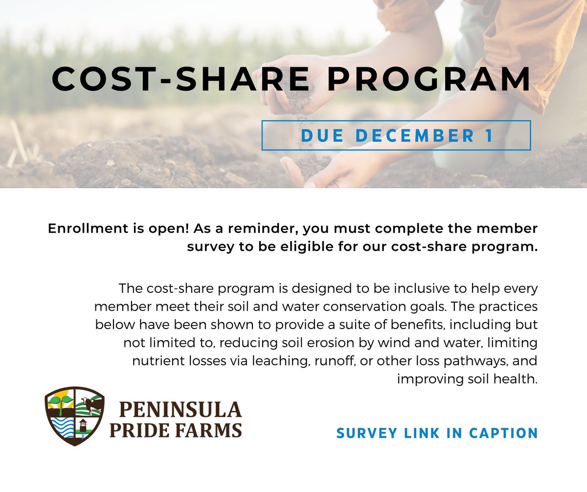 PeninsulaFarmer's tweet photo. Meet your soil and water conservation goals by participating in our Cost-share program! To enroll, complete the member survey and fill out the application by December 1. Learn more here: https://t.co/542JmzDkBq https://t.co/CRgebbm2qM