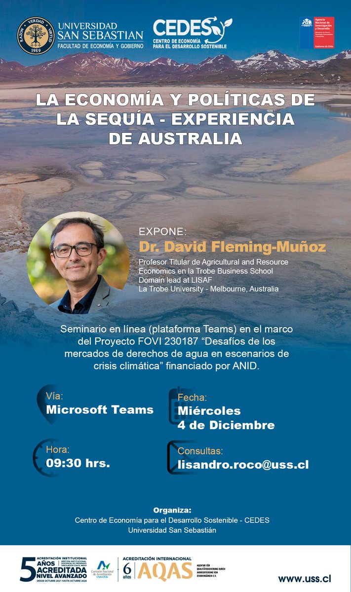Este miércoles 4 de diciembre a las 9:30 hrs seminario en línea imperdible! David Fleming nos hablará sobre economía y políticas frente a la sequía en Australia <a href="/VRID_USS/">Investigación USS</a> <a href="/CEDES_USS/">CEDES</a> <a href="/rto_pasten/">Roberto Pastén</a> <a href="/tatianacelume78/">Tatiana Celume</a> inscripciones en: lnkd.in/eFmVMu6v