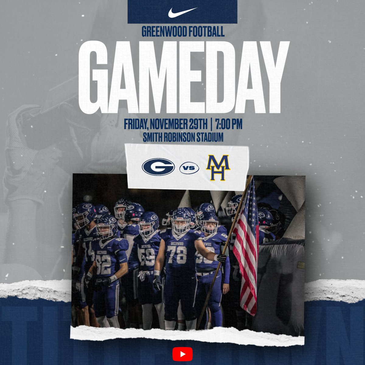 GWDAthletics's tweet photo. SEMIFINALS🏈
🆚 Mountain Home
⌚ 7:00 PM
📍 Smith Robinson Stadium
📺 https://t.co/PPKRXYSo7Y
🎫 https://t.co/JONYMsH7b3
#GreenwoodStrong | #ForIke https://t.co/jlIurIYrKU