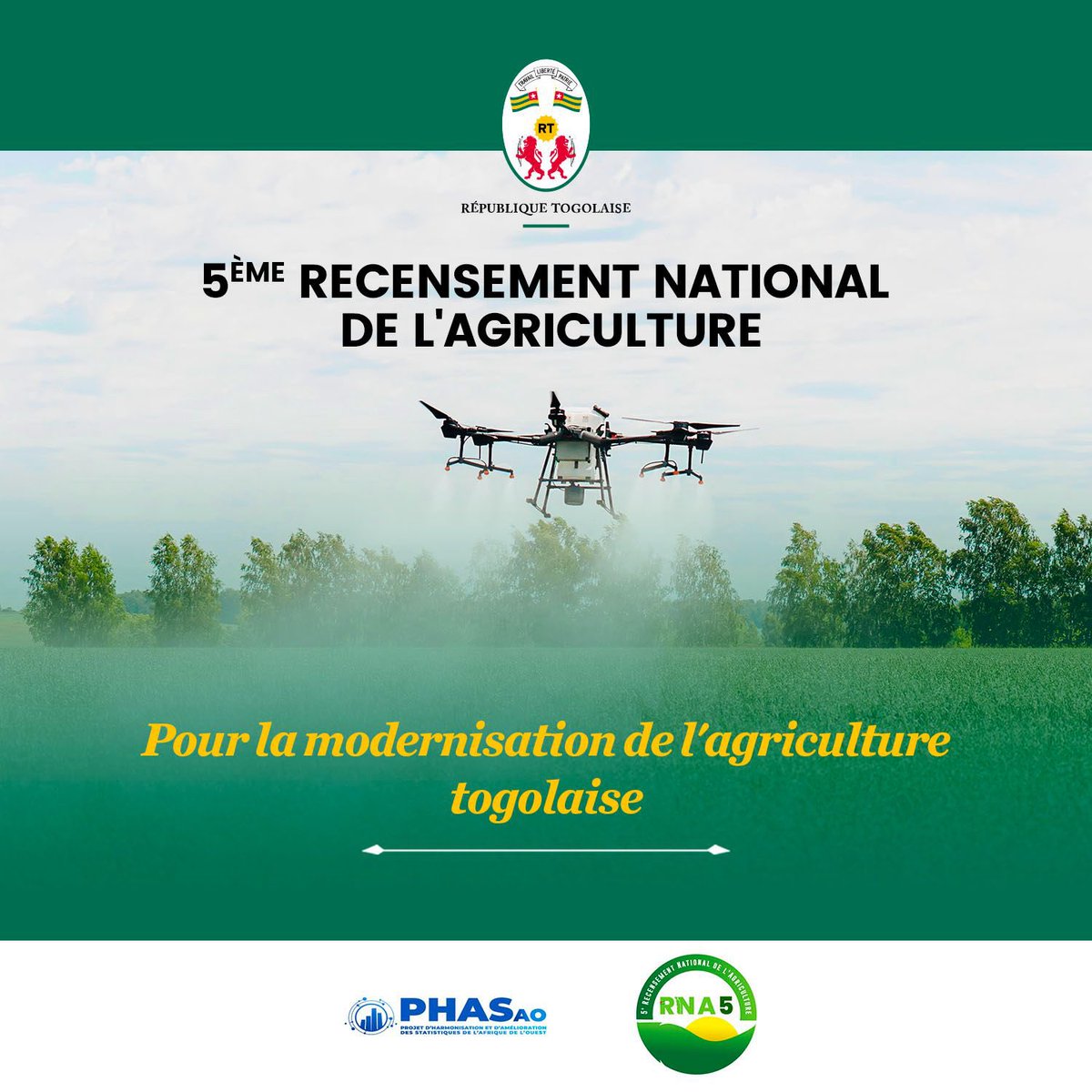 GouvTg's tweet photo. Du 1er au 23 décembre 2024, le Togo procédera au 5ᵉ Recensement National de l’Agriculture. Cette opération lancée par SEM @FEGnassingbe vise à collecter des données fiables et actualisées sur le secteur agricole, en vue d’orienter des politiques de développement adaptées. https://t.co/rQCMaT8QwB
