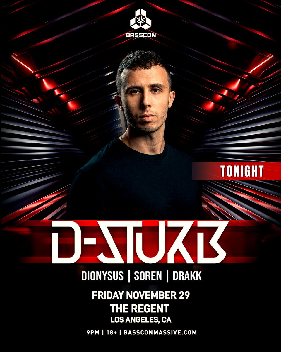 TONIGHT 🚨 <a href="/Dsturbnl/">DSturbNL</a> is bringing the heat to <a href="/RegentTheaterLA/">The Regent Theater</a> alongside #Dionysus, <a href="/SOREN_MUSIC/">SOREN</a>, and #Drakk! 🔥 Prepare for massive kicks and unmatched energy. Don’t miss it—grab your tickets now! 🎟️ bsscn.cc/dsturb-la 🔗

Ages: 18+ | Doors: 9pm