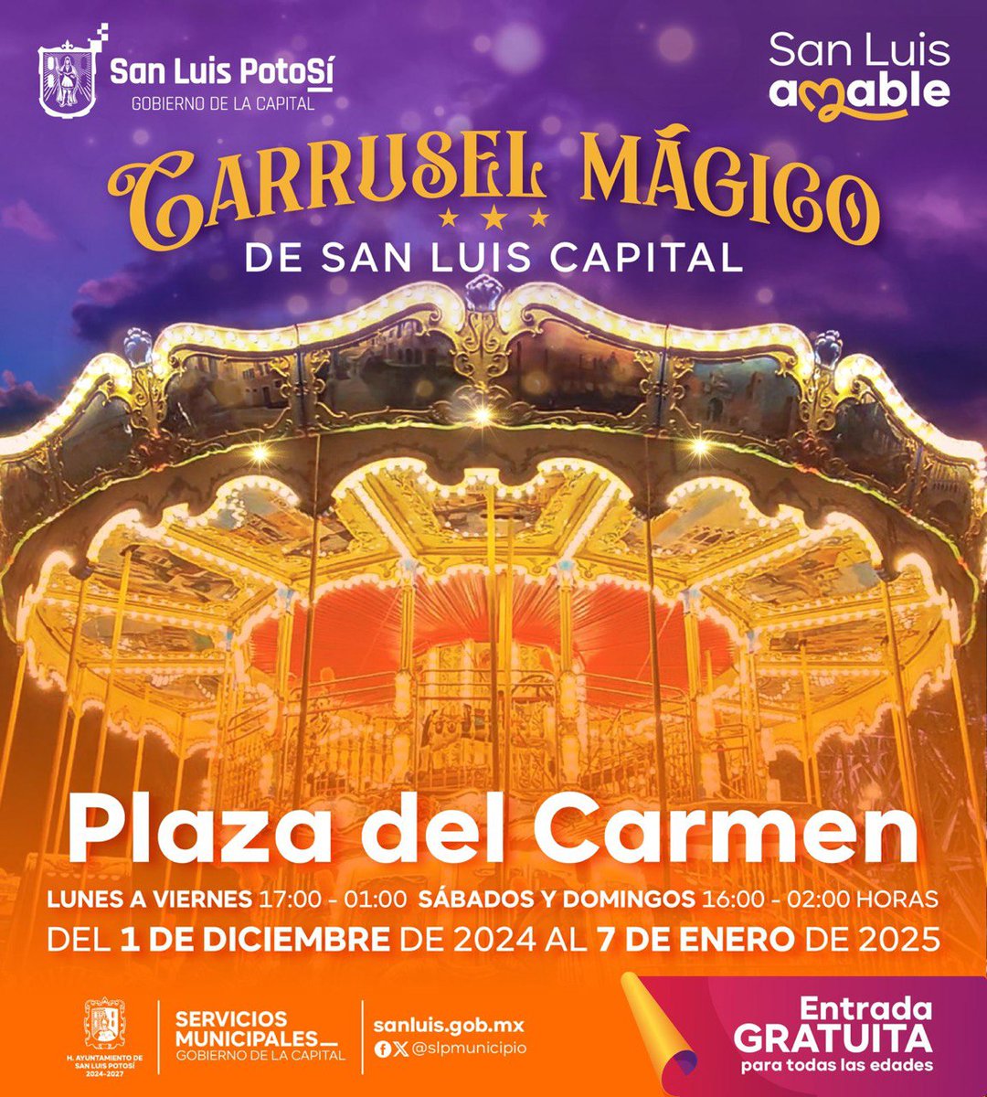 EF_Galindo's tweet photo. 🎠🎄 ¡El carrusel navideño llegó a la Plaza del Carmen!

A partir del 1 de diciembre, acude con toda tu familia a disfrutar de esta mágica actividad  en #SanLuisAmable. 

👉🏻 Lunes a Viernes | 17:00 a 1:00 horas.
👉🏻 Sábados y Domingos | 16:00 a 2:00 horas. https://t.co/gVxdIiqDFY