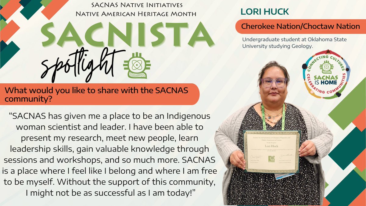 SACNAS's tweet image. 🌎 Meet Lori Huck, a proud member of the Cherokee and Choctaw Nations and an undergraduate Geology student at Oklahoma State University! 🌎

Donate to support our "SACNAS is home" campaign today: hubs.la/Q02YqSsJ0

#SACNAS #NativeAmericanHeritageMonth #IndigenousInSTEM