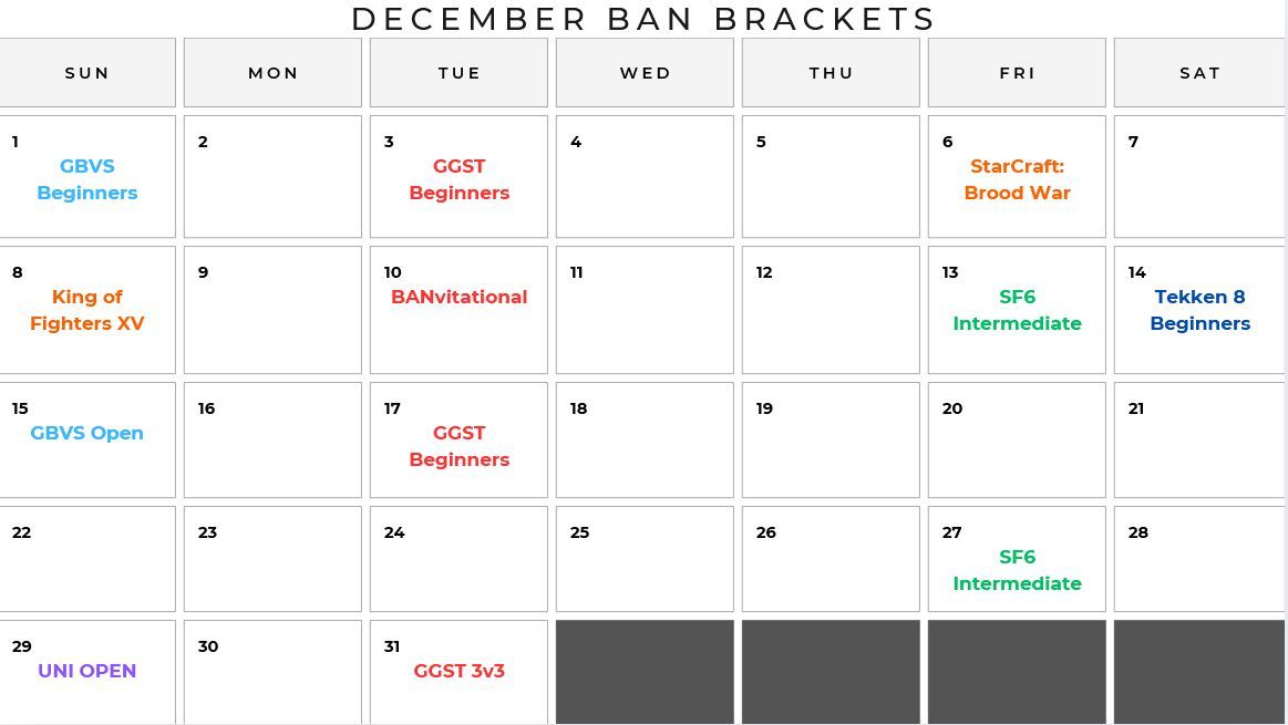 We've got some good stuff cooking up for the last month of the year! Stay on the watch for our last Beginner brackets before 2025, and be sure to tune in for our graduate/champion only GGST BANvitational on the 10th!