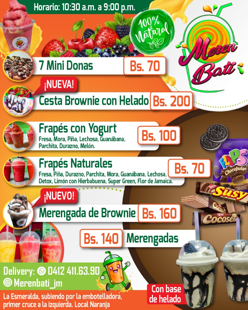 🔥NUEVO🔥Brownie con helado de brownie  y cesta con helado de brownie mas Brownie( Merengada )🚀Llegate a SAN DIEGO LA y merengadas de la ciudad😍❤️🥰  los mejores  batidos  10.30  A.m a 
🔥9.00.🔥.Pm HAY DELIVERY 🏍️🚀  0412 411 6390 instagram.com/merenbati_jm       🍓🍏🍅🫒