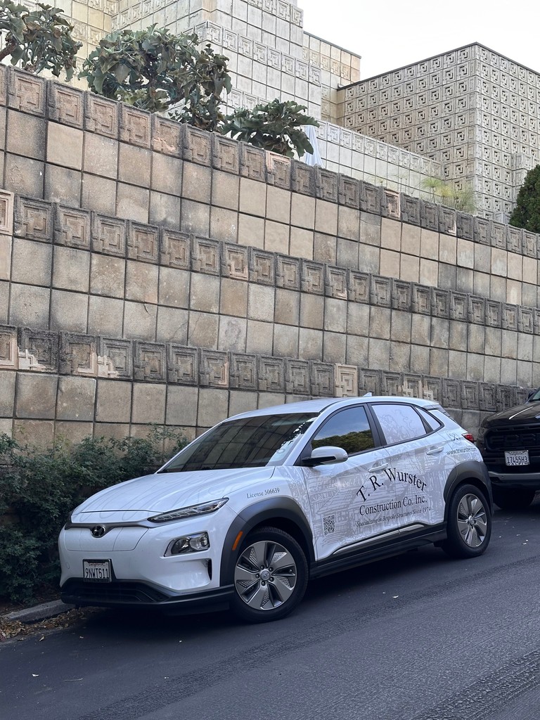 TRWurster's tweet image. TRW parked in front of Frank Lloyd Wright’s Ennis House as we are working on a neighboring historic estate restoration! 🤩 #EnnisHouse #ArchitecturalLegacy #TRWConstruction