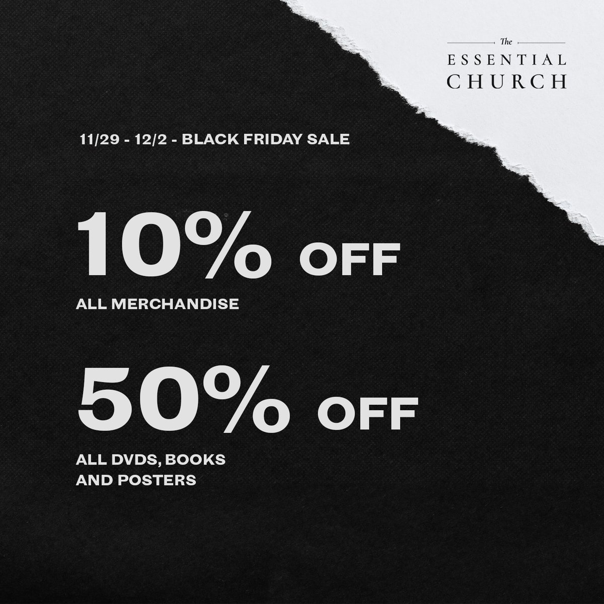 The Essential Church Black Friday sale begins today and will go through December 2nd! Get 50% off all DVDs, books, and posters and 10% off all other merchandise! Shop now while you can! 

essentialchurchmovie.com/store