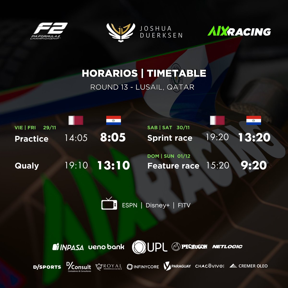 Duerksenismo's tweet photo. HORARIOS | F2
Este es el calendario para Joshua Duerksen 🇵🇾 P8 en FP1
#JD23 #F2 https://t.co/JkVTJdUdLW