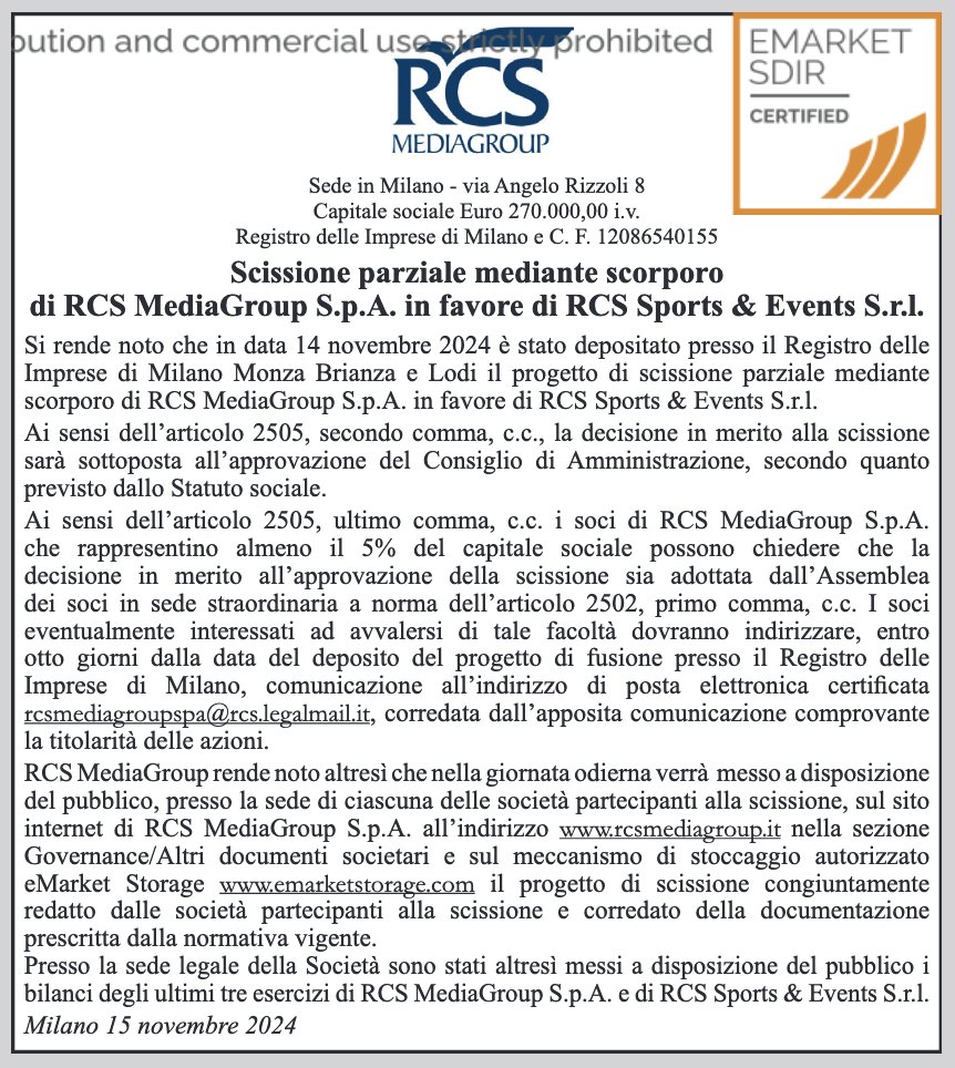 Wrote earlier RCS could separate its sports events business. It's happening, official 🇮🇹 notice for combining RCS Sport (race  organisation) + RCS Sports &amp; Events (marketing) into new company separate from RCS MediaGroup. Unclear who is new owner, any payments from sale etc