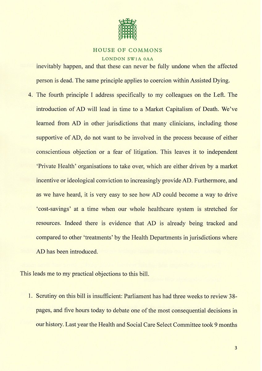 Today I voted against the Assisted Dying Bill with hundreds of other colleagues from, but I was unable to make the speech that I had hoped to (here in two sections). As such I am sharing it here so that my constituents can understand more about my concerns with this Bill. (1/3)