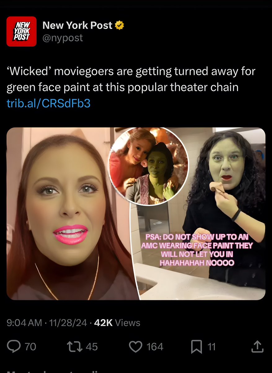 TheFleshGordon's tweet photo. Really??? This is hilarious! 😂 

Wicked’ moviegoers are getting turned away for green face paint at this popular theater chain https://t.co/I2lS3EdmGf

#wicked #facepaint #greenface #witch
#ArianaGrande #CynthiaErivo #movie
#WickedMovie @SaraElyse128 #ariana https://t.co/5JA1nGQvmP