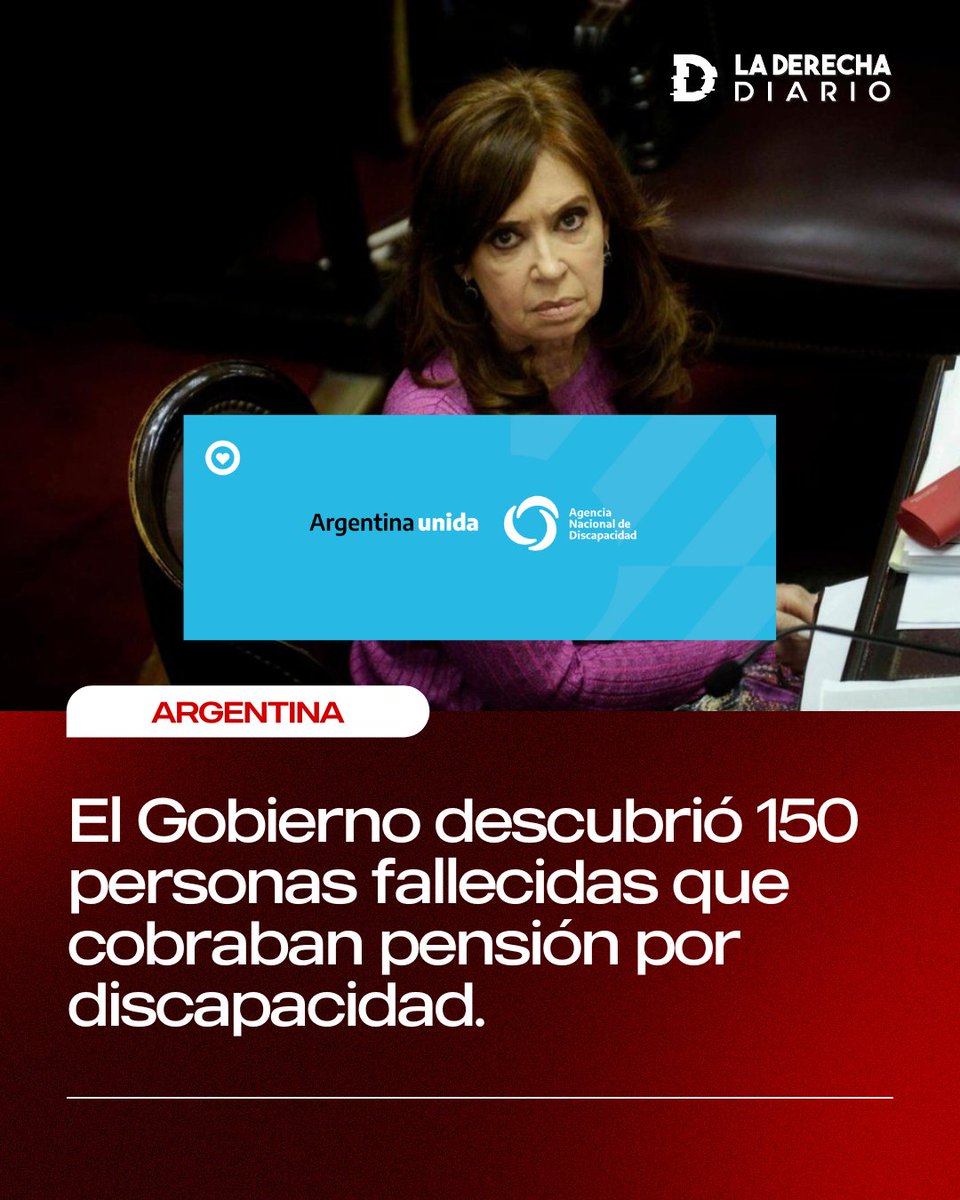 laderechadiario's tweet photo. 🚨🇦🇷 | #URGENTE Una auditoría del Gobierno de @JMilei en la Agencia Nacional de Discapacidad (ANDIS) identificó 150 muertos que "cobraban" una pensión por discapacidad: Este fraude generó un costo de $1.355.000.000 de pesos. https://t.co/IRNprGdj9Y