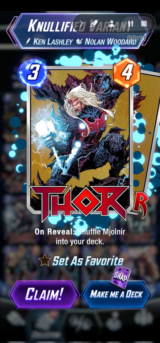 migumar1132's tweet photo. Llleeetttsss ggoooo! God split on the God of thunder!! 🤩🤩 gold with blue krackle is 🔥 🔥!!! How should I deck this one out in the custom ?? @MARVELSNAP @MarvelSnapDecks 
@SnapVariants 
#marvelsnap https://t.co/v4a706dMMJ