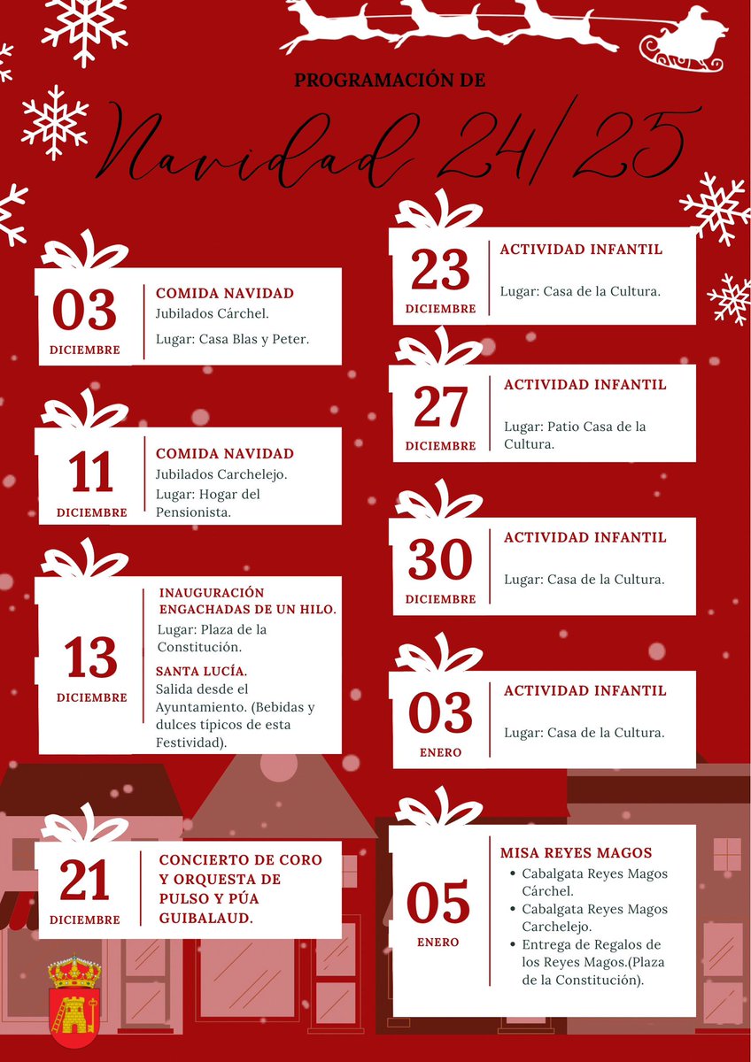 #NAVIDAD24 | Desde el Ayuntamiento de Cárcheles  y la Concejalía de Cultura, se van a llevar a cabo una serie de actividades a lo largo de la Navidad.
Os mostramos el cartel con las fechas. Próximamente se irán publicando los carteles oficiales con toda la información individual.