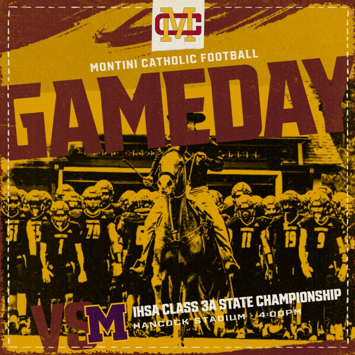 ONE LAST TIME! With History on the line! IHSA Class 3A State Championship Game at Hancock Stadium in Bloomington. Broncos looking for their 7th State Title in school history! Kickoff at 4:00pm. Brave the weather, cold is but a mindset! Be there! Go Broncos! #WeAreMontini