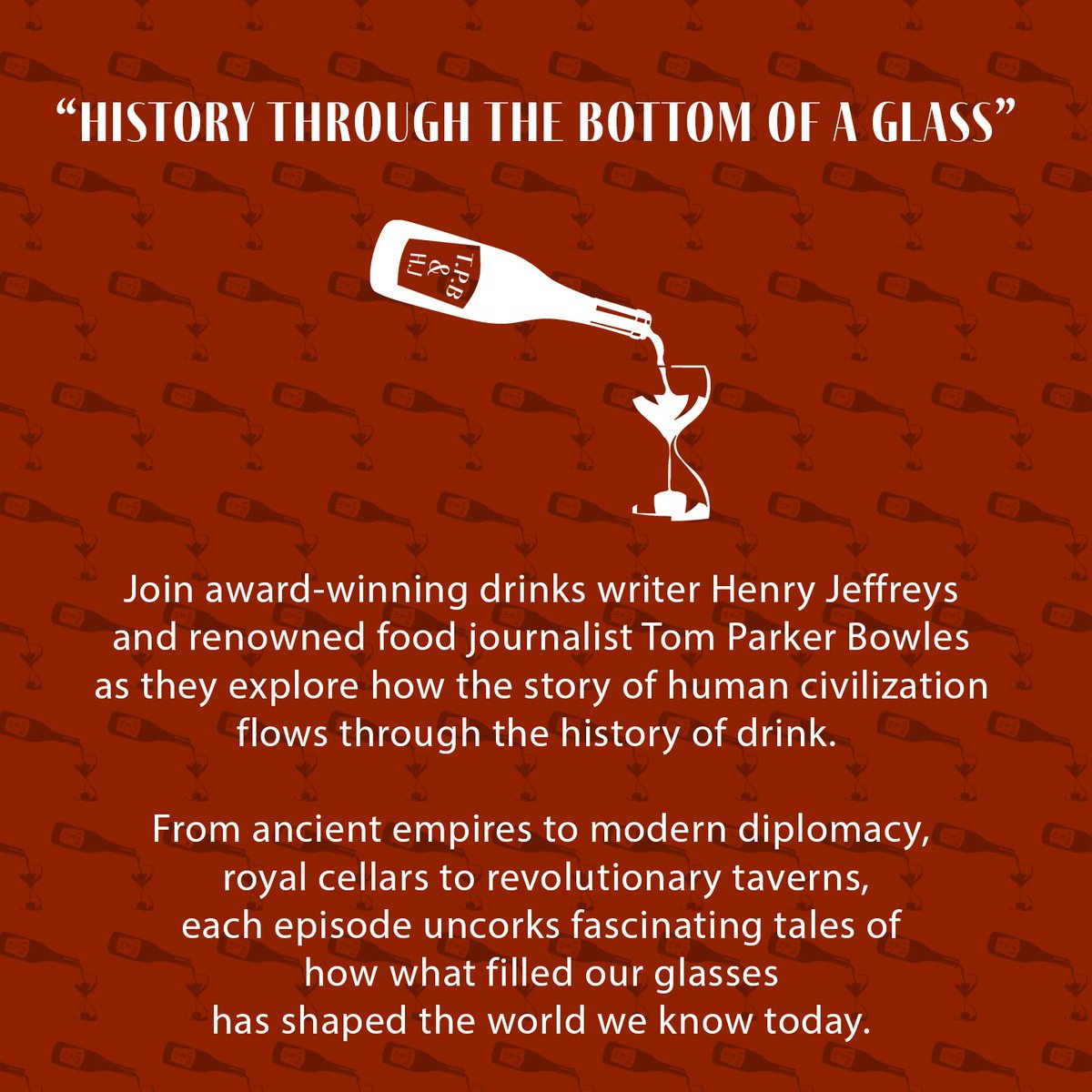 intoxhistory's tweet photo. Was champagne really invented by a blind French monk? Was Hogarth part of a secret anti-gin conspiracy? Did the Ancient Greeks invent drinking games?
We’ll be decanting all this and more, guided by your fabulously witty hosts: Tom Parker-Bowles and Henry Jeffreys. https://t.co/ooHPyaOdCT