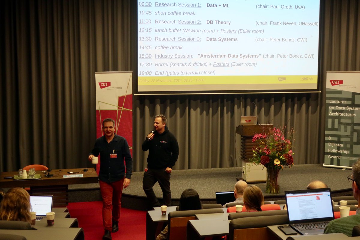 peterabcz's tweet image. But there&apos;s more! Last Friday, the day after the Dijkstra Award,  it was our honor to host the 20th Dutch-Belgian Database Day (DBDBD2024) @cwida.

It was well-attended and lively. 🙏 to all who made it possible. 

DBDBD2024 pictures are on cwida.github.io/dbdbd2024 (scroll down):