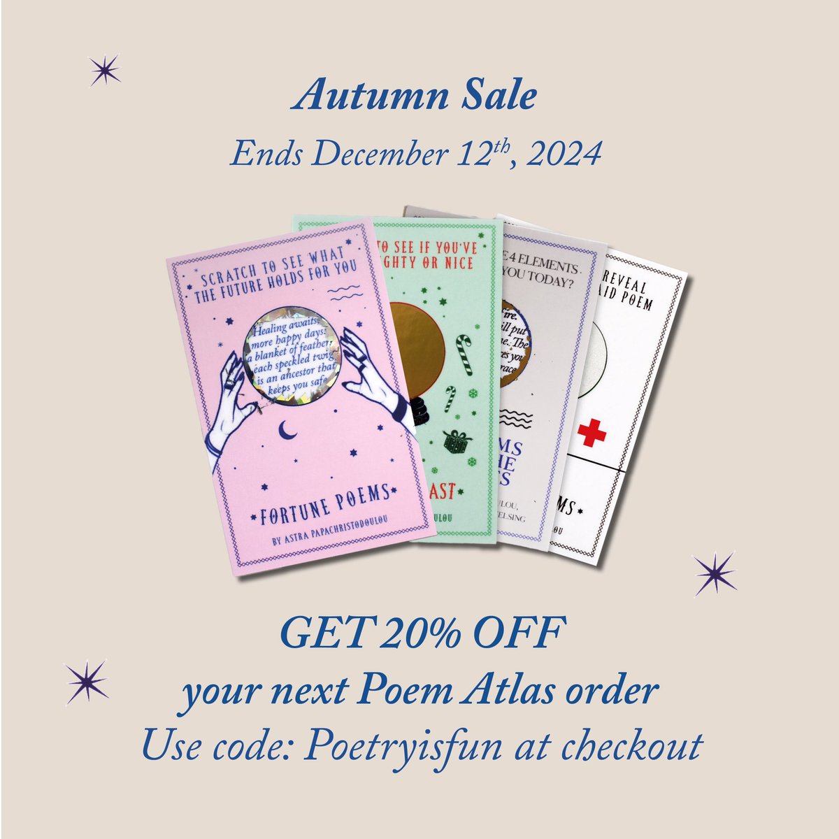 Get 20% off everything on our site! Treat yourself to poetry scratchcards and other visual poetry goodies by entering the code ‘Poetryisfun’ at checkout 🖤 Offer ends December 12th! poematlas.com