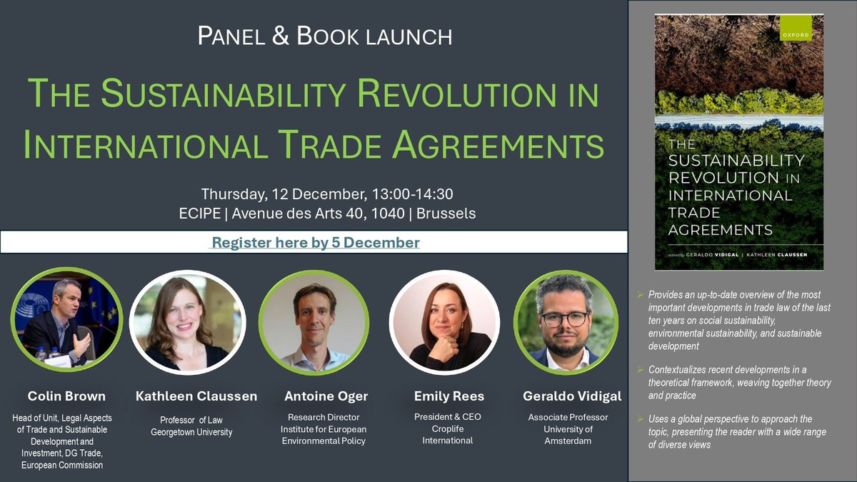 Those in Brussels on 12 December: join us for a lunchtime panel &amp; the launch of The Sustainability Revolution in International Trade Agreements! We will discuss how these agreements have been faring and what awaits us in 2025.  

Limited spots - register through the link below!