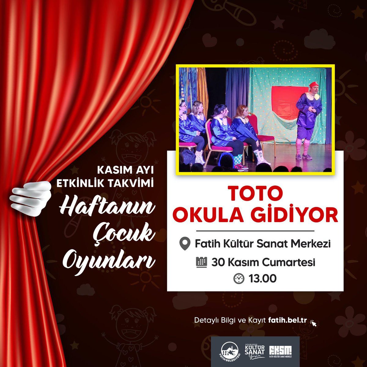 FatihBelediye's tweet photo. Hafta sonunun neşesi #FKSM'de yaşanıyor.🤗

Cumartesi günü 👉Toto Okula Gidiyor🎒
Pazar günü 👉 Renkli Elfler ve Ayakkabıcı 🥾

Saat 13.00'teki oyunlarımıza tüm çocuklarımız ve aileleri davetlidir.🖐️

Kayıt 👉https://t.co/JOw5omlOB2 https://t.co/kCeriZluWq