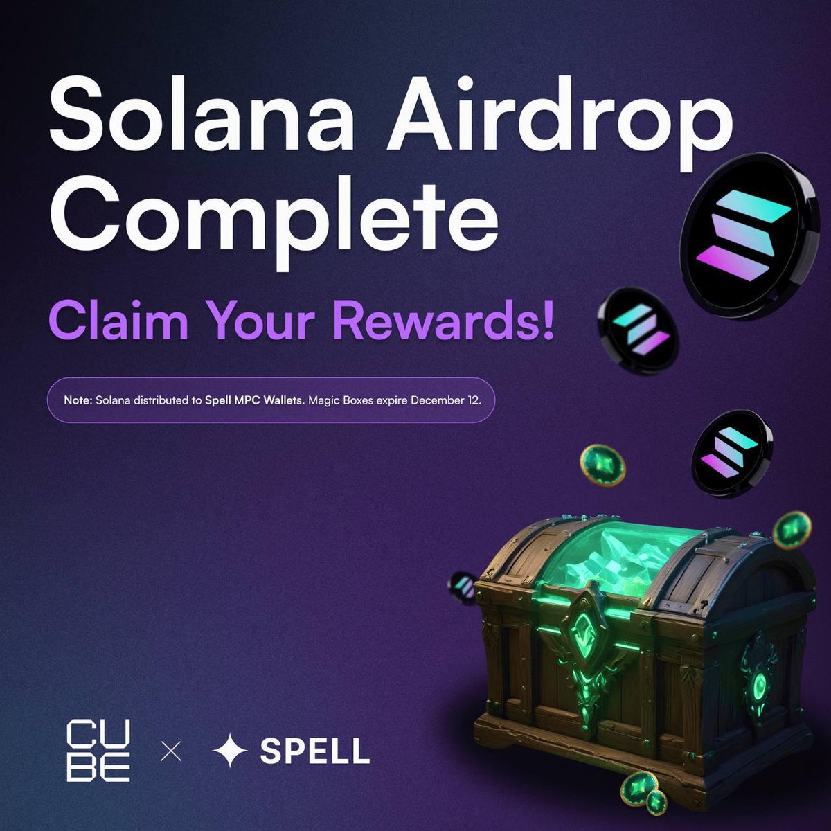 🎉 $5,000 $SOL Rewards for HODL Game Complete — Check Your Spell Wallet! 🎉

Wizards, your Solana rewards for the Spell x <a href="/cubexch/">CUBE</a> HODL Game Campaign are now available in your #SpellWallet Magic Box! 🎁

⚡️ How to claim:

1️⃣ Open your Spell Wallet: t.me/spell_wallet_b…
2️⃣ Find