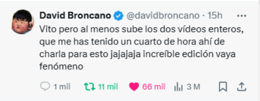 JFranAlbert's tweet photo. 3) El famoso presentador volvía a Twitter tras varios años solo para responderle y hacerle este tremendo ratio.

Desvelaba que la entrevista efectivamente había durado 15 minutos y Vito había eliminado la gran mayoría. https://t.co/L5agTDaVct