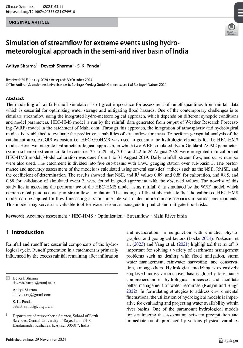 ADITYASHAR13113's tweet photo. Delighted to share that another research article from my PhD work has been published in the esteemed journal, Climate Dynamics, Springer. 🥳✌️🥳
#HECHMS #Extreme #HeavyRainfall #Modeling #Simulation #MahiRiver https://t.co/RmUwxAmarX