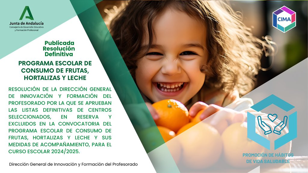 🔎Publicada la Resolución con las listas definitivas de centros educativos seleccionados, en reserva y excluidos en la convocatoria del Programa Escolar de Consumo de Frutas, Hortalizas y Leche para el curso 2024/2025.

Mira las listas aquí 👇🏻

lajunta.es/5839t

<a href="/EducaAnd/">Consejería Desarrollo Educativo y FP</a>