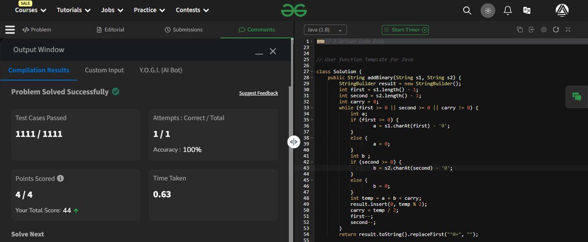 dashhcoder's tweet photo. Day 9/160 of GFG 160    
Problem: Add Binary Strings✅ 
#gfg160 #geekstreak2024
@geeksforgeeks https://t.co/X60KVnVFoh