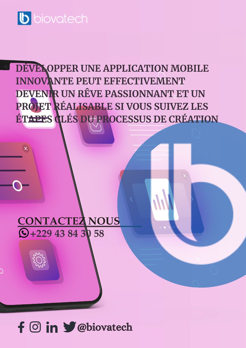 BiovaTech's tweet image. Développer une application mobile innovante peut être un rêve que vous transformez en réalité en suivant ces étapes, en vous appuyant sur vos compétences et en restant fidèle à l’idée de base.

#PartenariatStratégique #ProjetRéussi #biovatechbiovatech